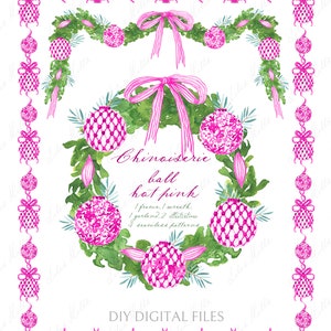 Boules de Noël roses fuchsia chinoises. DIY Cadres en papier numérique aquarelle Clipart
