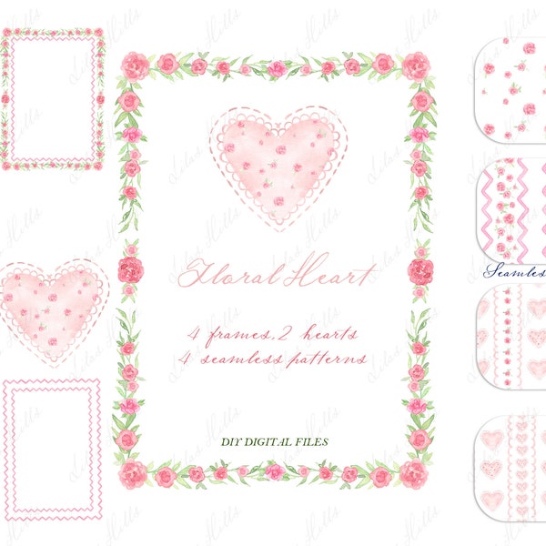 Floral Pink Heart Valentines Day Vintage  DIY Digital Clipart. Baby Shower Digital paper Watercolor Frames Baby shower