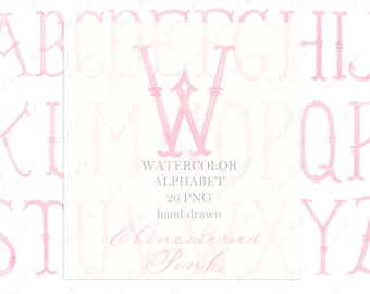 Può includere: Alfabeto ad acquerello rosa con 26 lettere, disegnato a mano, serie Chinoiserie Rosa.