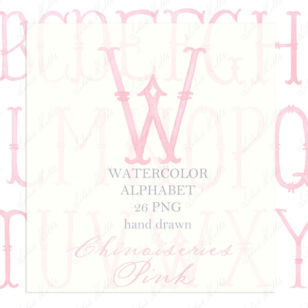 Wedding Monogram PNG Vintage Calligraphy Letters for Crest DIY Chinoiseries  Light Pink Digital Watercolor Clipart