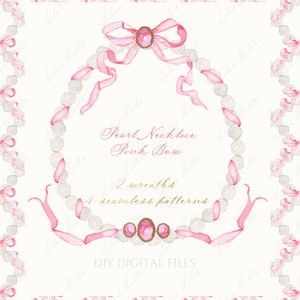 Parels ketting vintage roze strik kaders bruiloft doe-het-zelf digitale clipart naadloze patronen