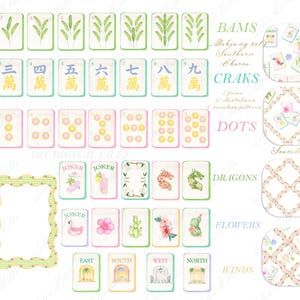 May include: A collection of watercolor Mahjong set elements, including tiles with botanical and floral designs, dice, and decorative frames. The set includes tiles labeled "BAMS", "CRAKS", "DOTS", "DRAGONS", "FLOWERS", and "WINDS".