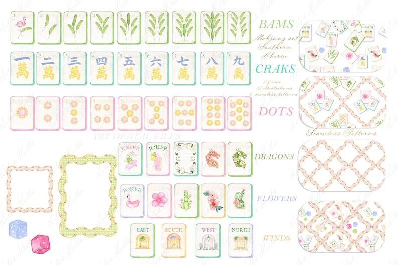 May include: A collection of watercolor Mahjong set elements, including tiles with botanical and floral designs, dice, and decorative frames. The set includes tiles labeled "BAMS", "CRAKS", "DOTS", "DRAGONS", "FLOWERS", and "WINDS".