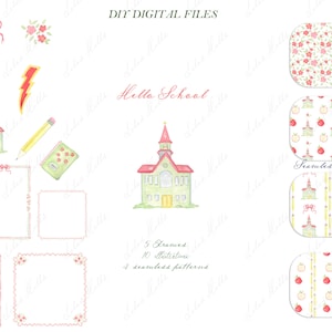 May include: A digital download of watercolor illustrations for school-themed crafts. The set includes a schoolhouse, apples, pencils, a book, frames, and seamless patterns. The text "Hello School" is included in the image.