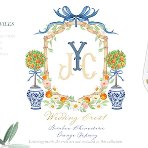 Bamboe chinoiserie sinaasappelboom vormsnoei familie mediterrane bruiloft, aquarel Crest DIY blauwe strik digitale papieren aquarel clipart