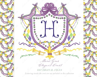 Mardi Gras Elegant Crest DIY Family Blue Bow Digital papers Watercolor Clipart Grand millennial