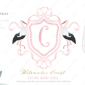 Stork Newborn Girl Family  Watercolor Crest DIY Dusty Blue Bow Digital papers Watercolor Clipart
