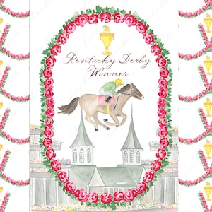 Peut inclure: Une illustration aquarelle d'un cheval et d'un jockey gagnant le Kentucky Derby. Le cheval saute par-dessus la ligne d'arrivée avec un trophée d'or au-dessus. L'illustration est entourée d'une couronne de roses roses.