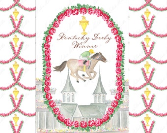 Imágenes prediseñadas digitales para hacer tú mismo de la carrera del ganador del Derby de Kentucky. Plantillas de tarjetas con marcos de papel digital