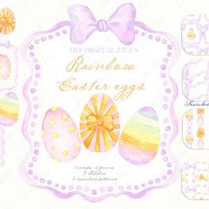 Ovos de Páscoa de arco-íris DIY Molduras de papel digital Aquarela Clipart Grand millennial