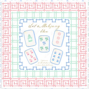 May include: A white background with a blue, green, and pink border. Inside the border are four blue and white Mahjong tiles with different symbols. The text "Let's Mahjong Blue" is written in gold script above the tiles.
