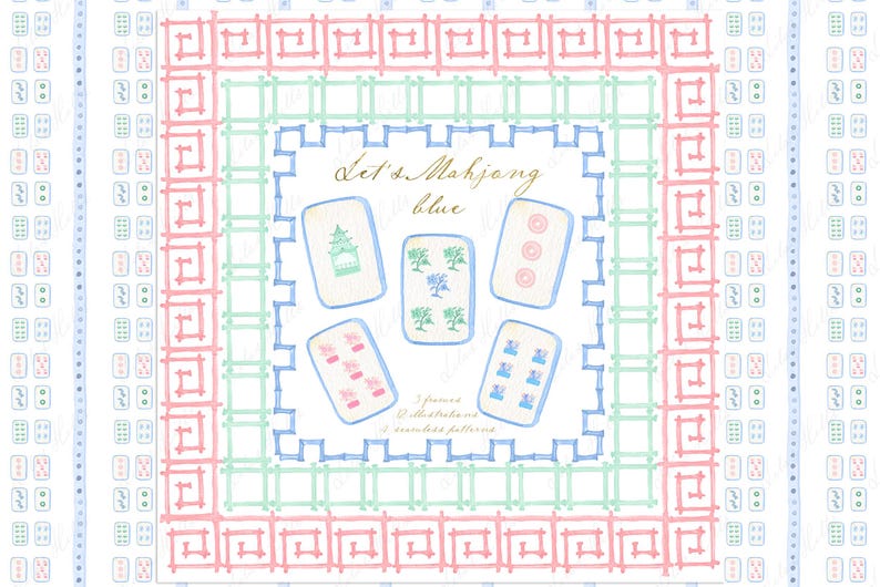 May include: A white background with a blue, green, and pink border. Inside the border are four blue and white Mahjong tiles with different symbols. The text "Let's Mahjong Blue" is written in gold script above the tiles.