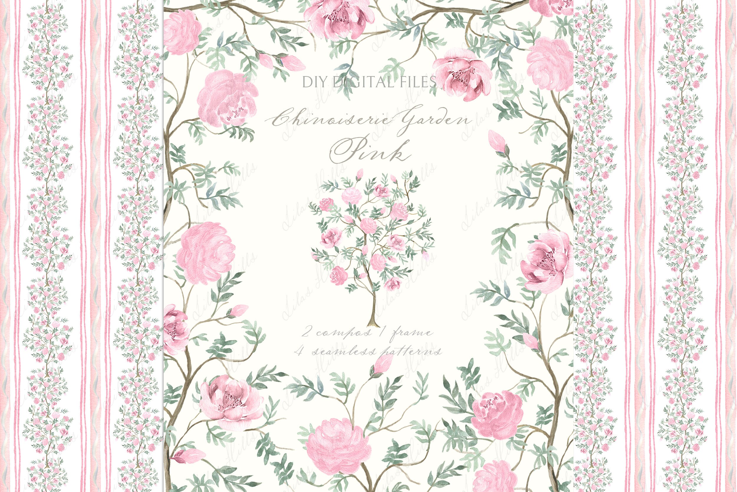 Chinoiserie Garden Toile Pink Flowers and Birds. Watercolor