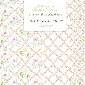 May include: Four seamless patterns with a Mahjong set theme. The patterns feature watercolor illustrations of Mahjong tiles, flowers, and geometric designs. The text "DIY DIGITAL FILES" is included, with each pattern sized at 12" x 12".