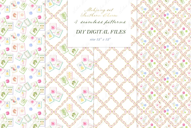 May include: Four seamless patterns with a Mahjong set theme. The patterns feature watercolor illustrations of Mahjong tiles, flowers, and geometric designs. The text "DIY DIGITAL FILES" is included, with each pattern sized at 12" x 12".