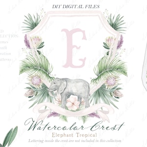 Tropical Protea Crest Family Watercolor Crest with Elephant DIY Soft Purple Protea Digital papers Watercolor Clipart