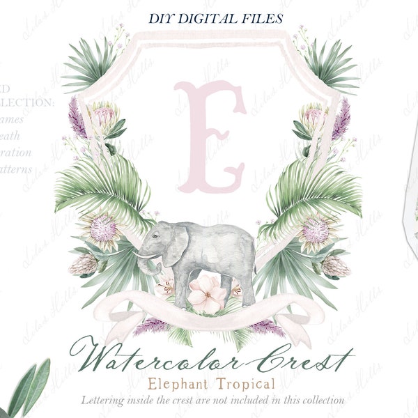 Tropical Protea Crest Family Watercolor Crest with Elephant DIY Soft Purple Protea Digital papers Watercolor Clipart