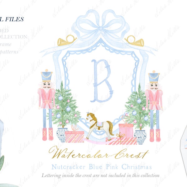 Nutcracker Blue Pink Christmas Watercolor Crest DIY Family Blue Bow Digital papers Watercolor Clipart Grand millennial