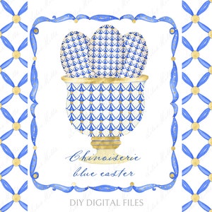Chinoiserie Blue Easter.  Visnet blauwe en gouden eieren, konijn, wortel. DIY digitale papieren fotolijsten aquarel clipart