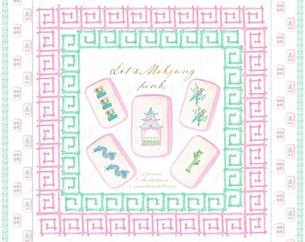 Watercolor Mahjong Clipart: Pink Chinoiserie Digital Paper (DIY)