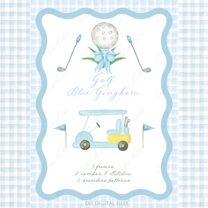 Clipart maîtres de golf, cadre aquarelle Vichy bleu. Voiture de golf vintage Clipart numérique bricolage