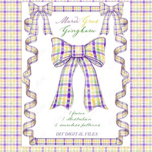 May include: Watercolor illustration featuring a large gingham bow in purple, yellow, and green, with matching ribbons and bows. The words "Mardi Gras Gingham" are written in cursive. The image includes a frame, an illustration, and seamless patterns.