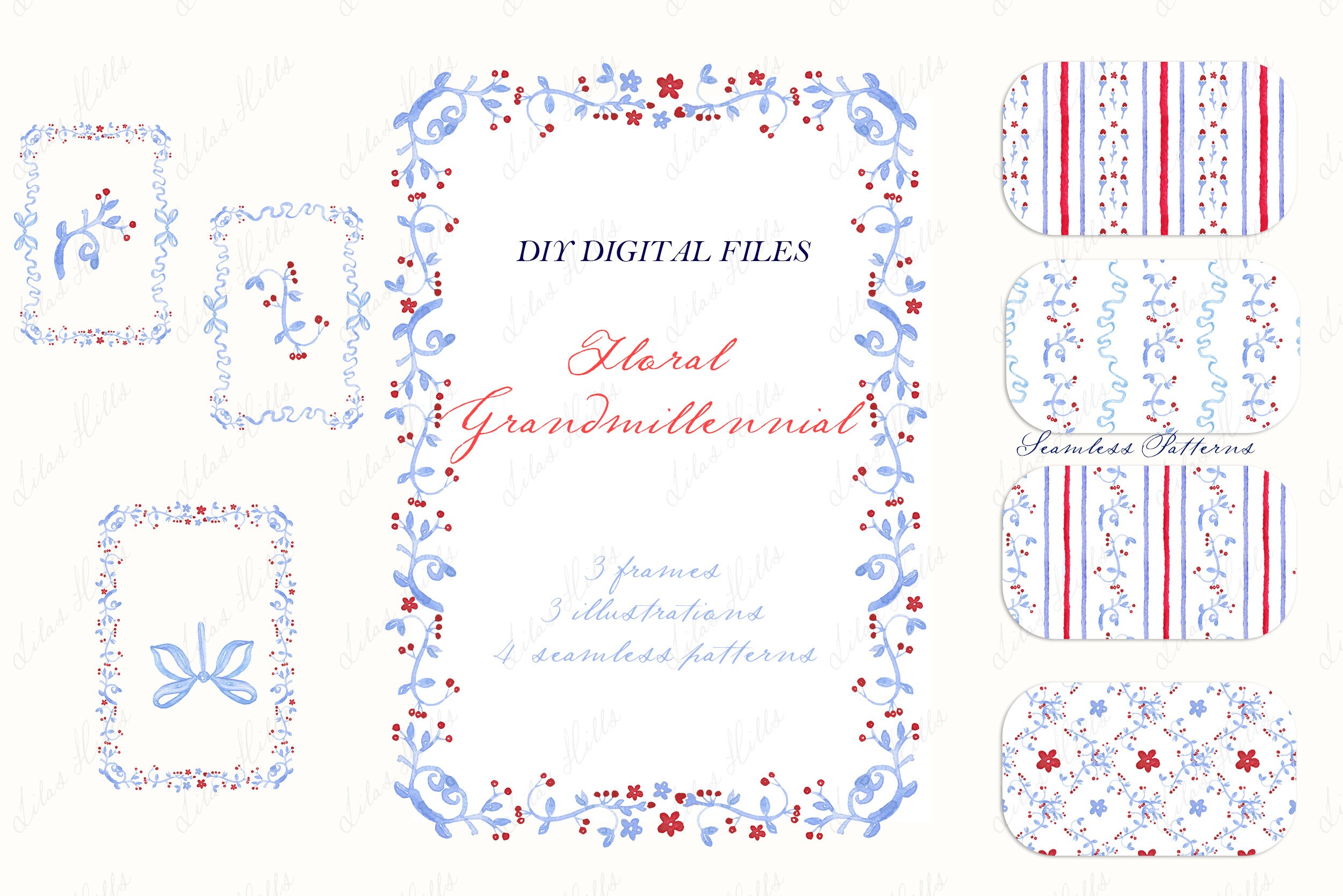 Floral Grandmillennial Blue and Red DIY Digital Paper Frames - Etsy