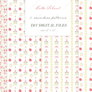 May include: Four digital seamless patterns for crafting and design. The patterns feature a schoolhouse, apples, and pencils in a white background with pink, red, and yellow accents. The text "Hello School" and "DIY DIGITAL FILES" is included in the image.