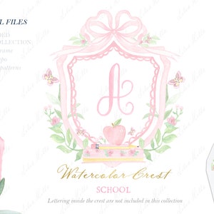 School Pink Family Grand Millennial Watercolor Crest DIY Dusty Pink Bow Digital papers Watercolor Clipart