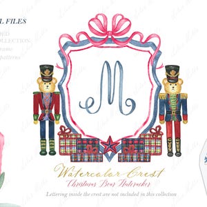May include: A watercolour illustration featuring a central crest frame topped with a pink bow, containing a blue letter M. Two teddy bear nutcrackers in red and blue uniforms stand on either side, flanked by plaid gift boxes and a star.