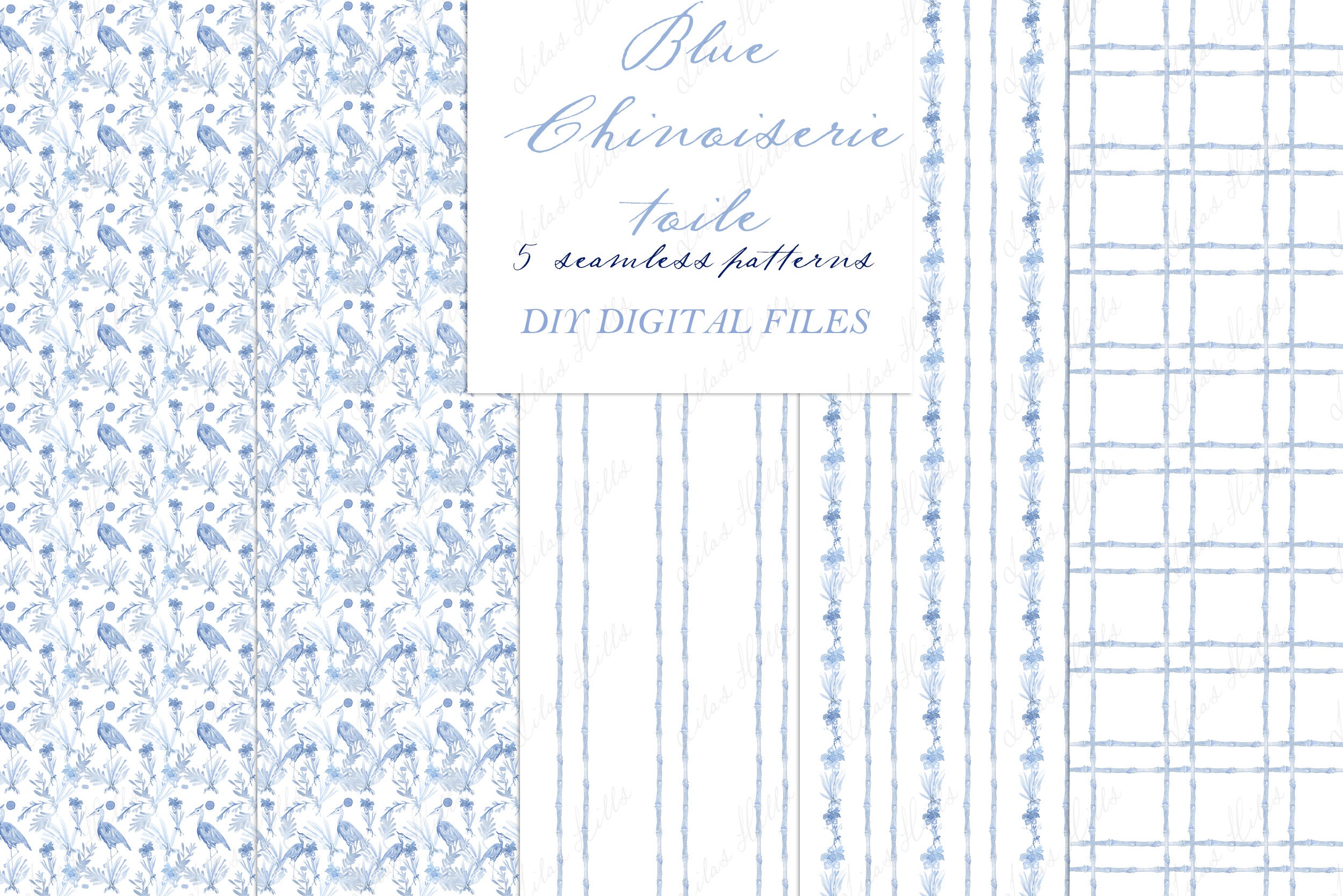 Chinoiserie Blue Toile Bamboo Heron. DIY Digital Paper Frames - Etsy