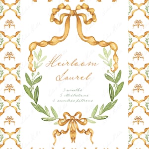Ruban doré héritage couronne de laurier mariage Clipart numérique bricolage. Faire-part de mariage