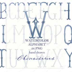 Hochzeit Monogramm PNG Vintage Kalligraphie Buchstaben für Crest DIY Chinoiseries Marine Blau Digital Aquarell Clipart
