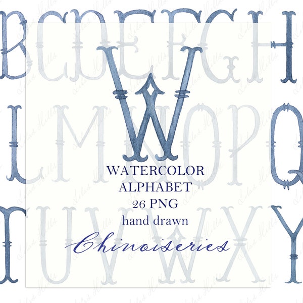 Wedding Monogram PNG Vintage Calligraphy Letters for Crest DIY Chinoiseries  Navy Blue Digital Watercolor Clipart