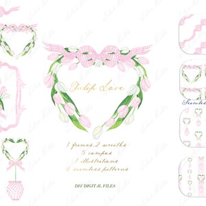 Tulip Love vormsnoei chinoiserie pastel roze hart Valentijnsdag vintage DIY digitale clipart lente tulpen digitaal papier aquarel