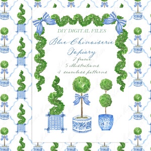 Topiaire bleu chinoiserie. DIY Cadres en papier numérique aquarelle Clipart