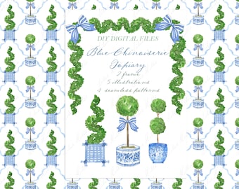 Chinoiserie Blue Topiary. DIY Digital paper Frames Watercolor Clipart