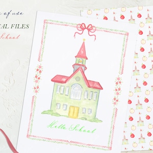 May include: A printable digital file featuring a watercolor illustration of a green schoolhouse with a red roof and a red bow. The text "Hello School" is written in green below the schoolhouse. The image is surrounded by a pink and green border.