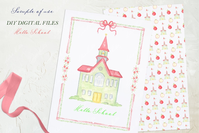 May include: A printable digital file featuring a watercolor illustration of a green schoolhouse with a red roof and a red bow. The text "Hello School" is written in green below the schoolhouse. The image is surrounded by a pink and green border.