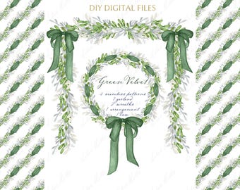 May include: Watercolor digital files featuring a green velvet theme. Includes seamless patterns, a garland, two wreaths, an arrangement, and a bow. The text "DIY DIGITAL FILES" is at the top. The text "Green Velvet" is in the center.