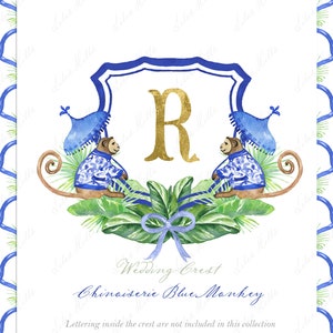 Bruiloft familie Crest DIY Blue Monkey Chinoiserie digitale papers aquarel clipart