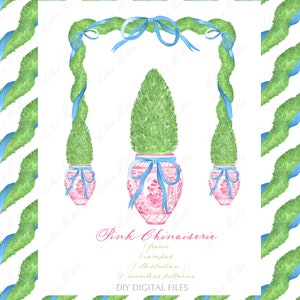 Chinoiserie Pink  Topiary. DIY Digital paper Frames Watercolor Clipart