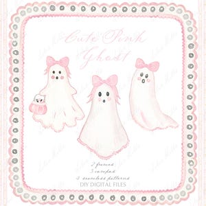 Könnte beinhalten: Aquarellillustration mit drei rosa Geistern mit Schleifen, vor einem rosa-weiß gestreiften Hintergrund. Die Geister haben niedliche Ausdrücke und sind von einem dekorativen rosa Rahmen umgeben. Der Text lautet "Cute Pink Ghost".