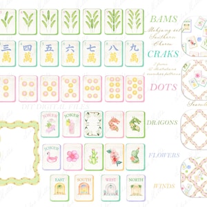 May include: Watercolor illustrations of Mahjong tiles, including Bams, Craks, Dots, Dragons, Flowers, and Winds. The set features various designs, such as floral patterns, and dice. The text "BAMS", "CRAKS", "DOTS", "DRAGONS", "FLOWERS", and "WINDS" are visible.