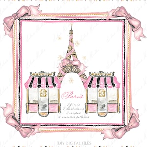 Mode Parijs Pastry shot Eiffeltoren Roze Zwart Goud DIY Digitale papier Frames Aquarel Clipart