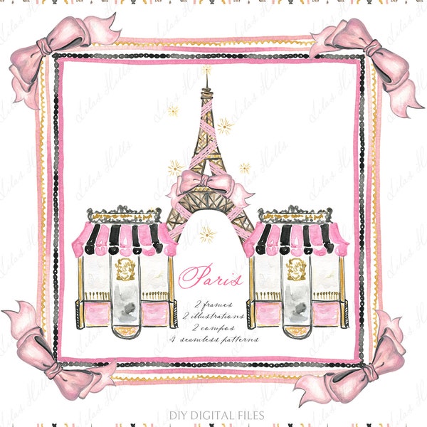 Fashion Paris Pastry shot Eiffel Tower Pink Black Gold  DIY Digital paper Frames Watercolor Clipart