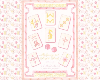 Mahjong Set PNG Watercolor DIY clipart Chinoiserie Grand millennial Wedding Clipart Digital paper Frames