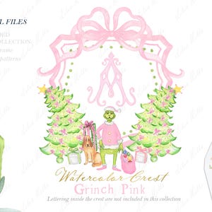 Grinch Weihnachten Aquarell Wappen DIY Rosa Schleife Digitale Papiere Aquarell Clipart