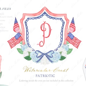 Écusson et motifs patriotique aquarelle des États-Unis 4 juillet DIY Clipart drapeau américain Floral PNG | Téléchargement numérique de la fête de l'indépendance rouge blanc bleu