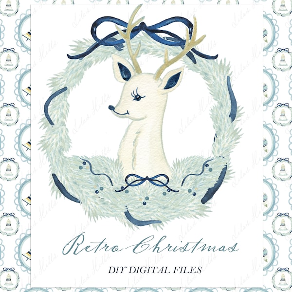 Retro Christmas. Slate Blue winter Deer  Christmas Toy DIY Digital Clipart. Digital paper